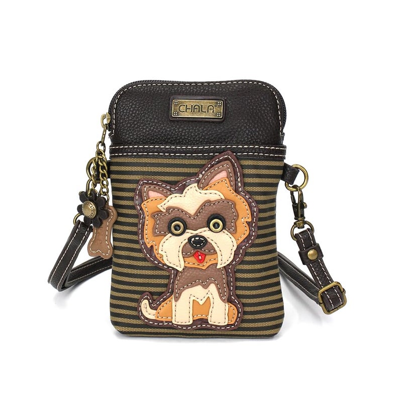 CHALA Dog Collection Cell Phone Crossbody Purse-Women PU Leather/Canvas Multicolor Handbag with Adjustable Strap - Yorkshire - brown stripe